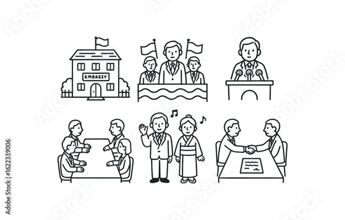 hand drawn cute doodle style line isolated on white background foreign ambassador (scenes): embassy international summit press briefing meeting room cultural event treaty table