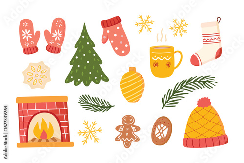 Winter Holiday Decorations: Festive illustrations of holiday adornments, including mittens, a Christmas tree, a cup of cocoa, snowflakes, and other seasonal motifs. Celebrating the warmth, cheer.