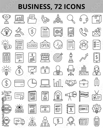 Business icons set in line style black and white for finance and office