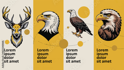 Four animal portraits including a deer and three eagles in graphic style bald eagle bird of prey