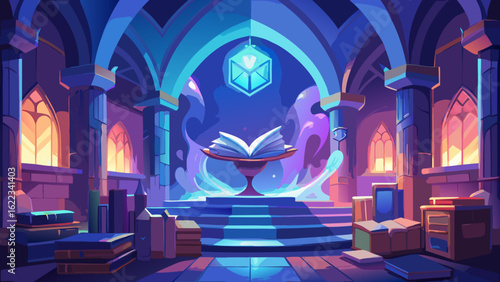A magical library scene featuring an ancient open book, glowing artifacts, and an enchanting atmosphere.