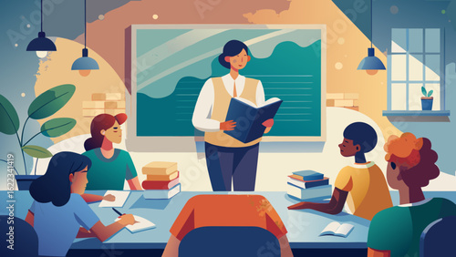 A diverse group of students attentively listens to their teacher in a modern classroom setting.