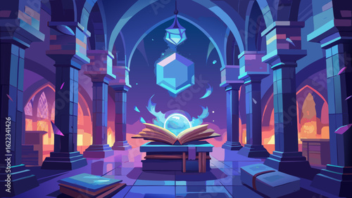 A mystical library scene featuring an open book and glowing magical elements, evoking a sense of wonder and discovery.