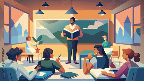 A male teacher leads an engaging lesson in a colorful classroom with diverse students actively participating.