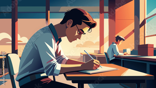 A focused young Asian man diligently writes in a notebook during class, illuminated by warm sunlight streaming through large windows.