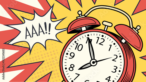 An iconic red alarm clock with comic-style bursts and an exclamation, evoking urgency and surprise.