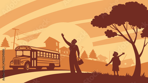 A man waves goodbye as a school bus departs, with a child happily waving in a warm sunset background.