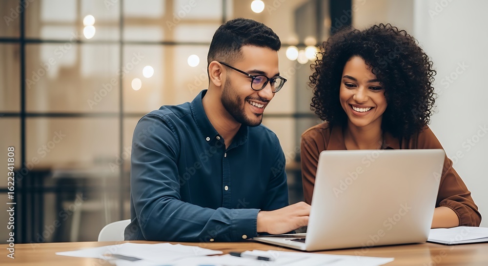 Obraz premium Diverse colleagues collaborating and smiling while working on a laptop together