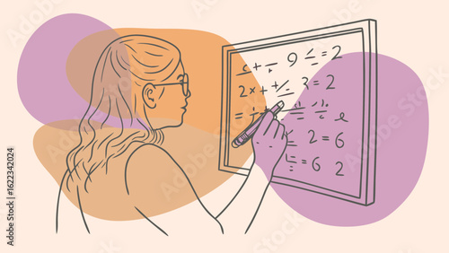 A young woman with long hair and glasses solving math equations on a whiteboard, showcasing concentration and analytical thinking.
