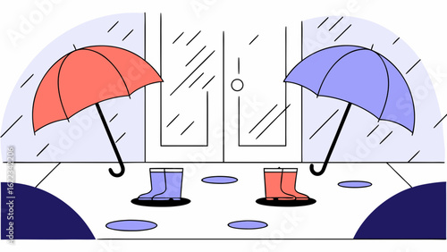 Colorful umbrellas and rain boots invite playfulness in a rainy setting.