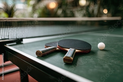 Two ping pong paddles and a ball rest on a green table with a net