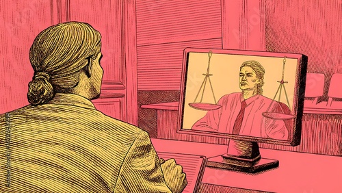 Attend online legal consultation with a serious Judge and scales of justice for legal advice during social distancing