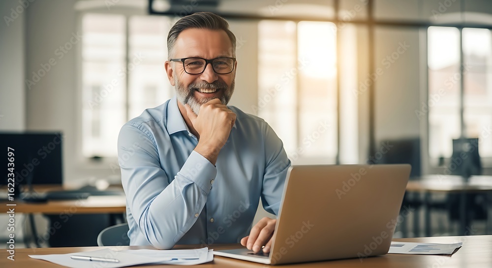 Obraz premium Smiling businessman in office working on laptop with glasses