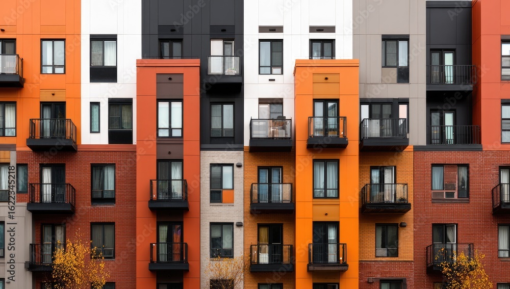 Obraz premium Colorful apartment building facade with varied hues of orange, brown, and gray