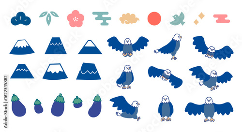 一富士二鷹三茄子と縁起物の年賀素材のイラストセット