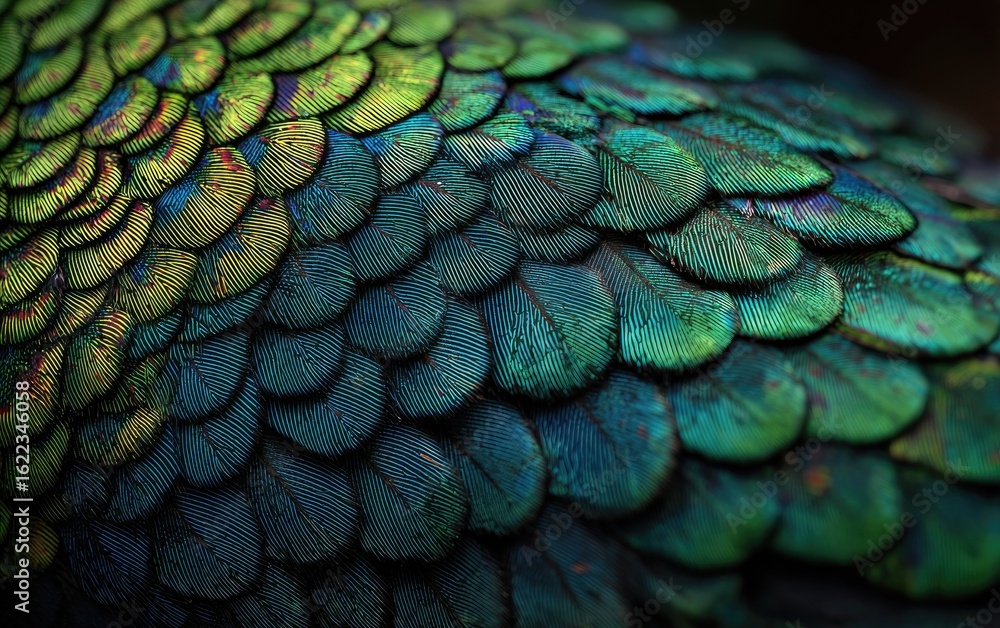 Obraz premium Close-up view of vibrant, overlapping feathers in shades of green, teal, and blue. Detailed texture shows intricate, scaled patterns