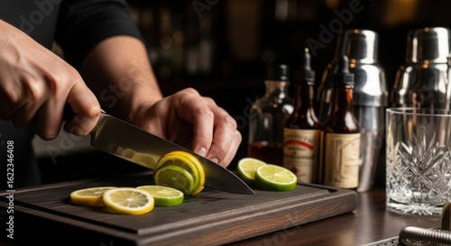 Bartender expertly slicing fresh lemons and limes on a wooden cutting board for cocktails