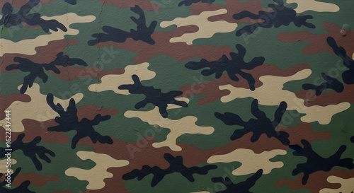 Detailed Camouflage Pattern with Dark Shapes and Earthy Tones on Textured Surface