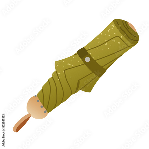 Vector illustration of a folded green umbrella with wooden handle. Textured autumn design in cozy flat style. Hand drawn seasonal parasol for weather icons, fashion accents and warm rainy day concepts
