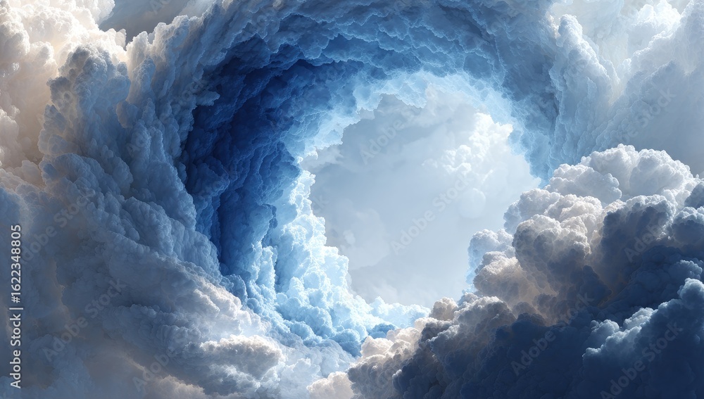 Naklejka premium Whimsical cloud vortex, ethereal light piercing dense, swirling clouds