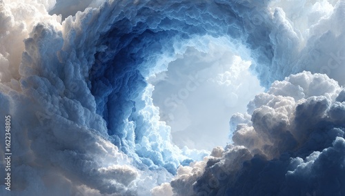 Whimsical cloud vortex, ethereal light piercing dense, swirling clouds