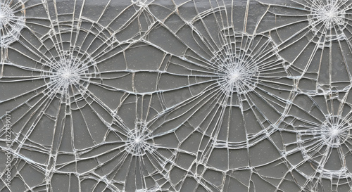 Shattered glass with radial cracks on a gray surface creating a spiderweb effect