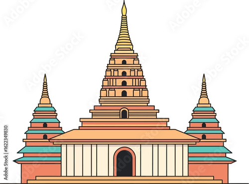 Illustration of temple architecture with pagoda and spire for travel design