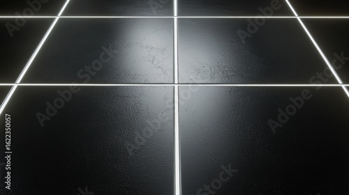 A black floor with white lines.