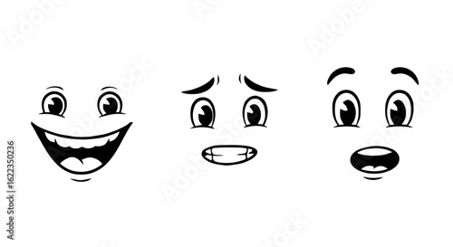Three cartoon faces showing different emotions in black and white  