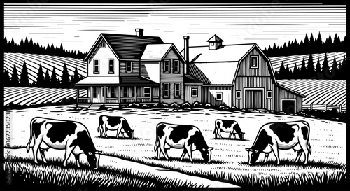 Serene farm scene showcases cattle grazing in field near farmhouse and barn. Farm encompasses idyllic countryside with cows, house, and agricultural buildings, suggesting rural living.