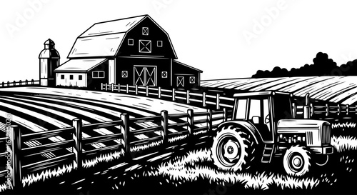 Monochrome drawing of farm landscape with barn, tractor and fields. Beautiful farm image with rustic fence and field, perfect for rural scenes. Using farm illustration for country living concept.