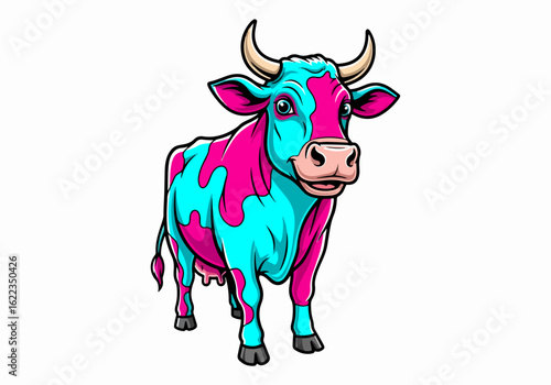 Mascot logo of cartoon cow with bright pink and turquoise spots, full body on white. Mascot logo artwork is ideal for branding materials. Mascot logo stands out with unique coloring,