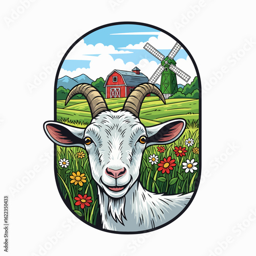 Mascot design with a charming goat in pastoral landscape. Mascot design features rolling fields and a red barn, encapsulating rural charm. Concept for mascot design and branding,
