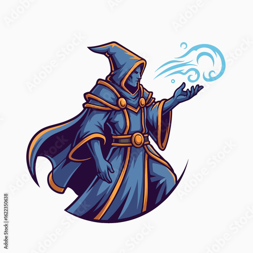 Mascot image shows wizard casting spell with blue energy, perfect for logo creation, fantasy game design, or mystical brand identity.