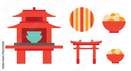 Japanese culture illustration with pagoda torii gate and mochi rice cake bowls
