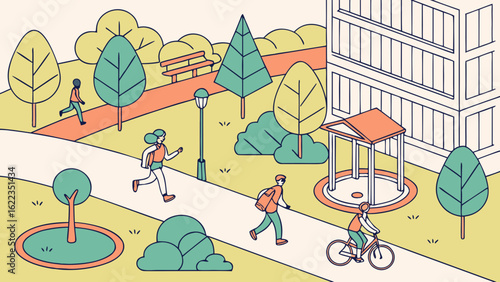 "Colorful Urban Public Space – People Walking, Jogging, and Cycling in a Modern City Square – Vector Illustration"