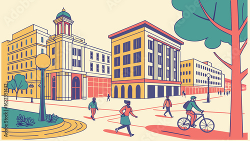 "Colorful Urban Public Space – People Walking, Jogging, and Cycling in a Modern City Square – Vector Illustration"