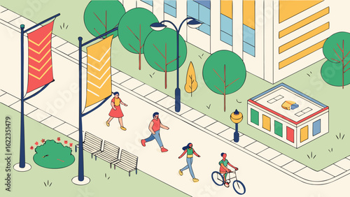 "Colorful Urban Public Space – People Walking, Jogging, and Cycling in a Modern City Square – Vector Illustration"