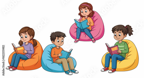 Children reading books together while sitting on colorful beanbags in a cozy room. Group of children reading enjoying literature in a relaxed setting, fostering imagination and learning,