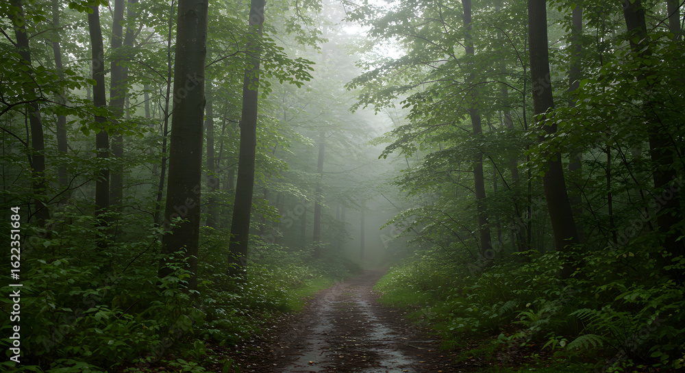Obraz premium Misty Green Forest Path Surrounded by Tall Trees and Lush Vegetation