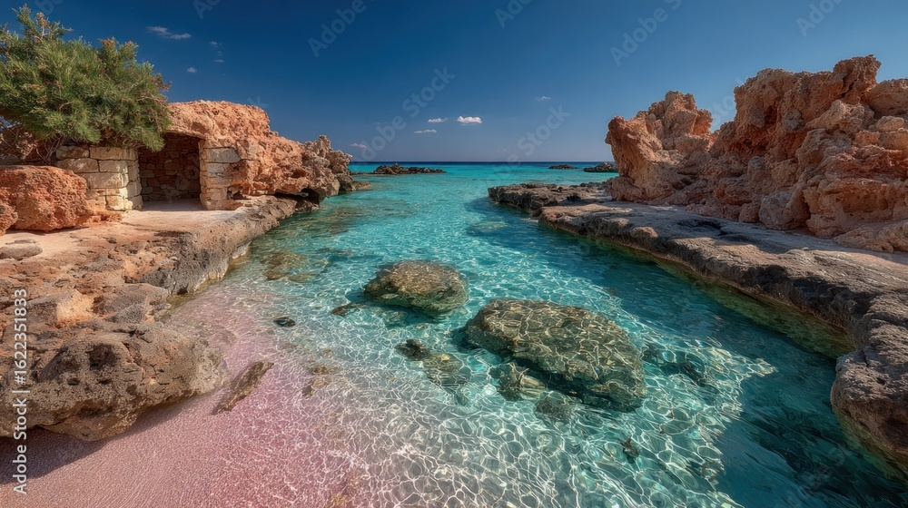Fototapeta premium Crystal-clear turquoise water flows through a pink sand cove, framed by terracotta-colored cliffs