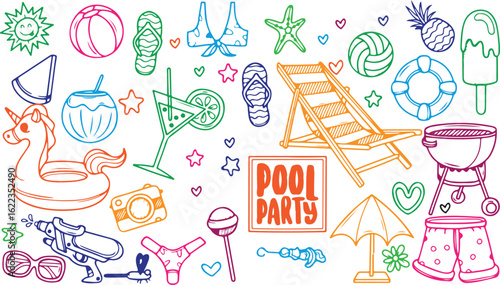  Pool Party Doodle Vector Set – Summer Fun, Water Slide, Swim, Float, Beach, Vacation, Cartoon