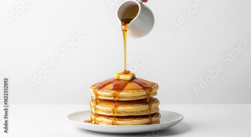 Golden syrup cascading from a white pitcher onto a stack of fluffy pancakes topped with butter