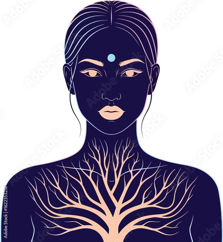 Illustration of woman with tree roots on chest spiritual connection concept
