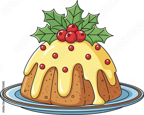 Cartoon christmas pudding with holly berries and custard illustration vector