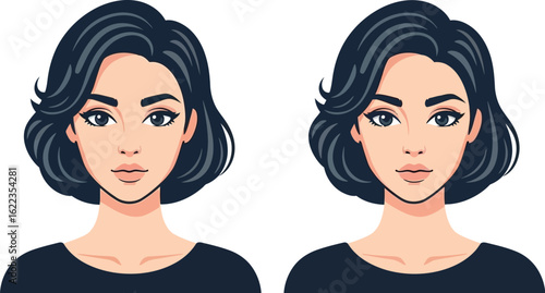 Short bob haircut styles for women illustration with dark hair and wavy texture