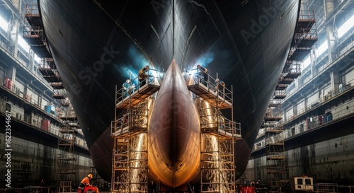Massive ship hull being constructed and repaired in a large industrial shipyard dry dock