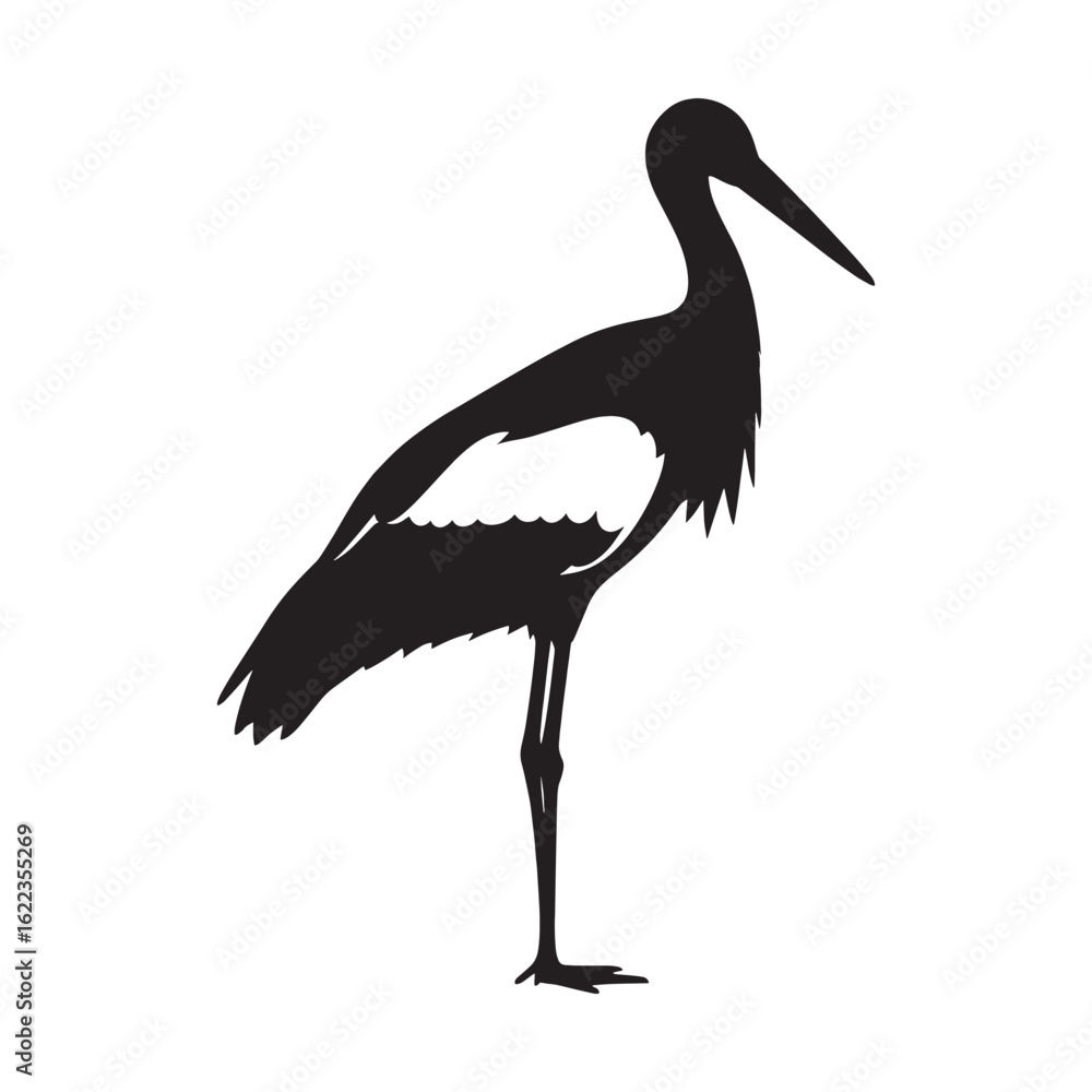 Fototapeta premium Sleek Stork Silhouette – Stork Vector Graphic Highlighting Slim Bird Design – Bird Silhouette – Black Vector of Stork