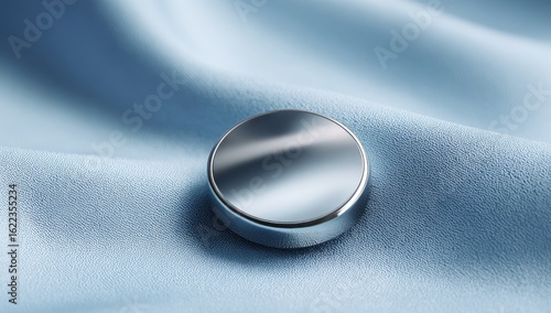 Shiny metal button on light blue fabric