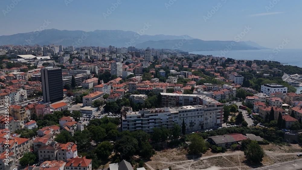 Fototapeta premium Aerial drone birds eye view of cruise ships and boats split croatia harbour
